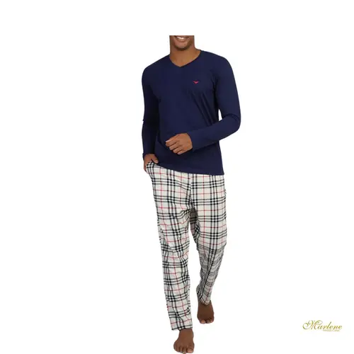 Pijama Masculino Malha Xadrez Decote V c/ Bolso