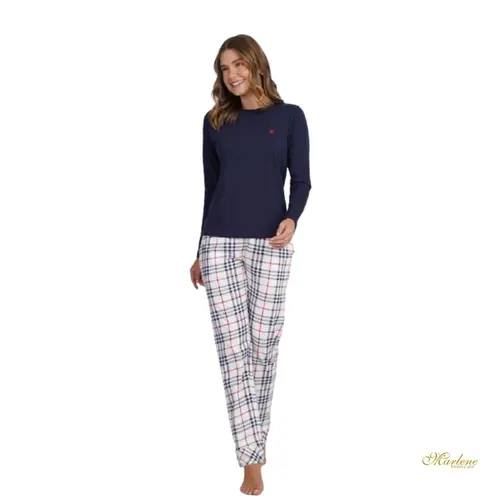 Pijama Feminino Peletizado Xadrez Navy c/ Bolso