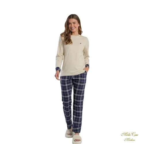 Pijama Feminino Manga Longa Malha/Flanela